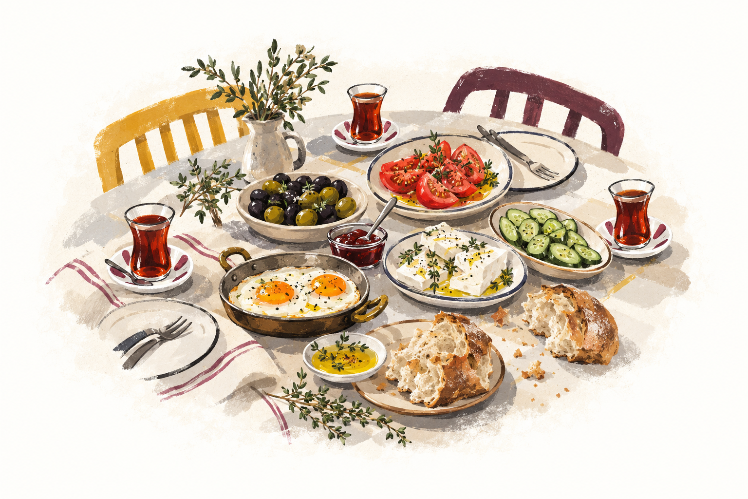 An illustrated breakfast table with olives, cheese, vegetables, bread and tea