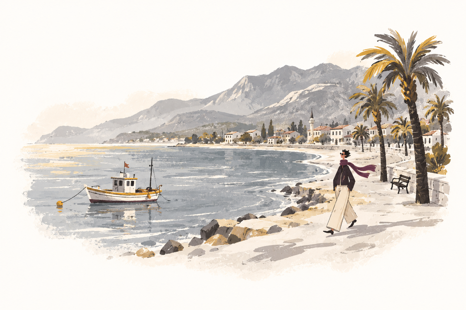 A painted vignette of the Arsuz coast, fishing boats and mountains