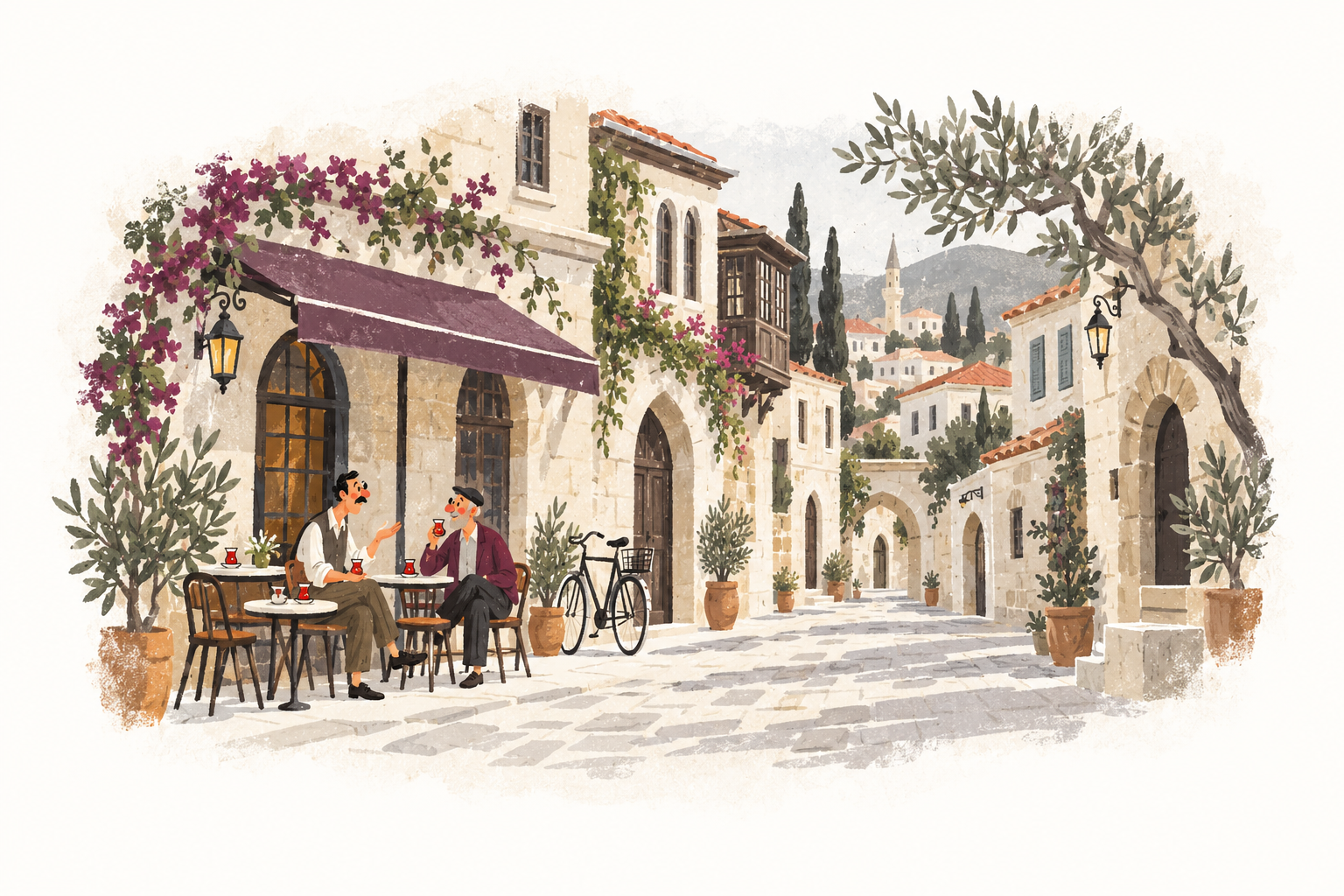 A playful painted illustration of everyday life in Hatay